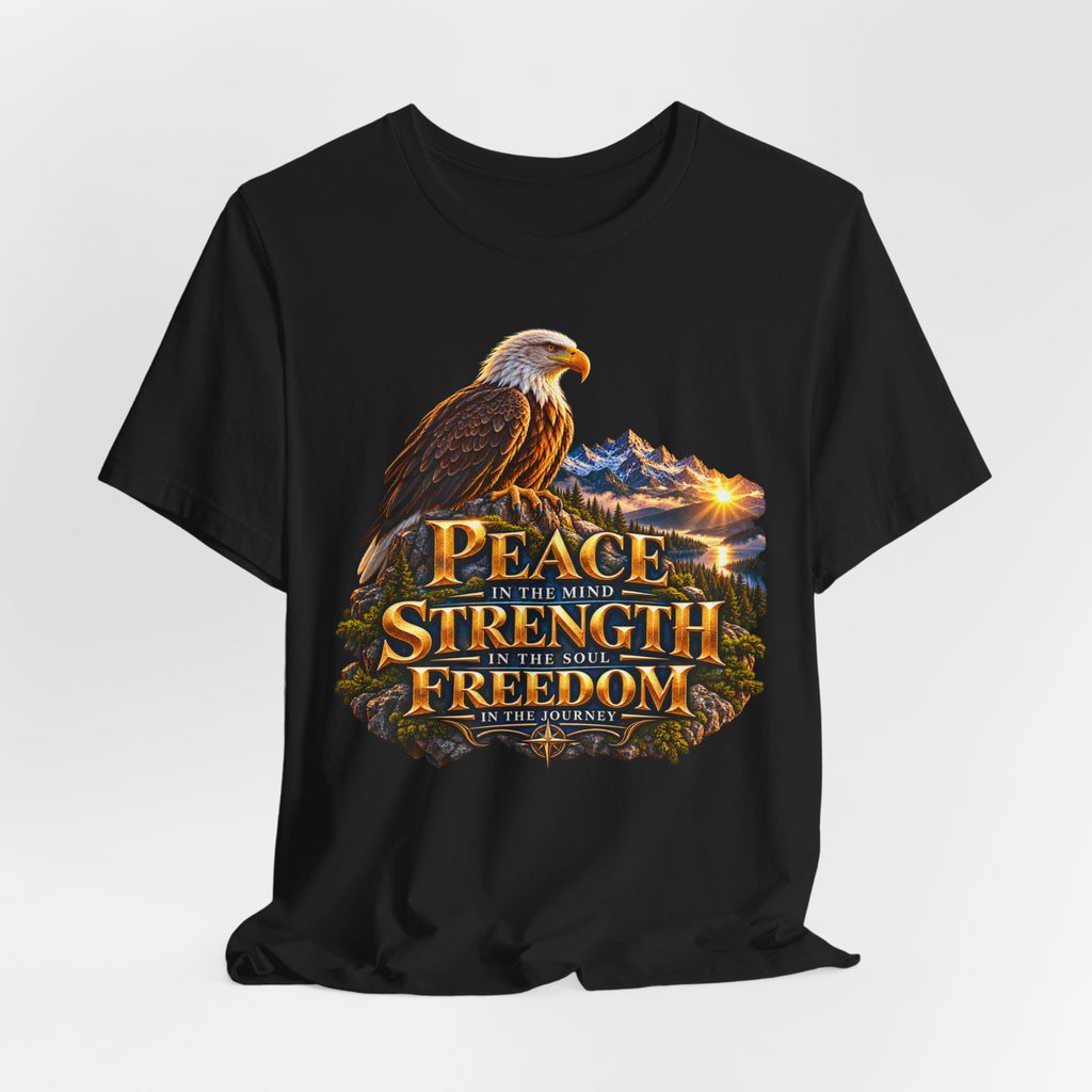 Eagle Mountain Sunrise T‑Shirt — "Peace Strength Freedom" Patriotic Tee