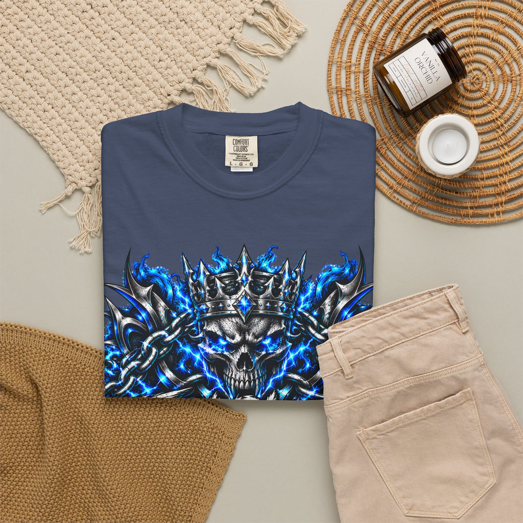 Skull Throne Graphic T-Shirt — Blue Lightning Heavy Metal Tee