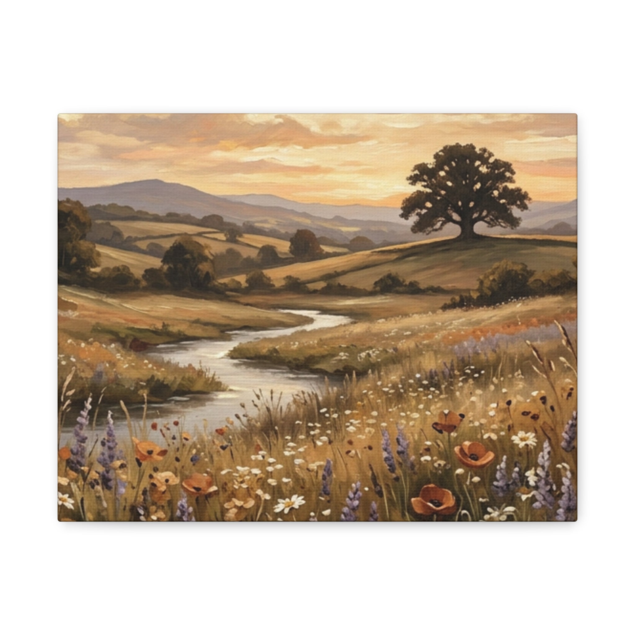 Golden Meadow River Canvas Wall Art — Stretched Matte Print