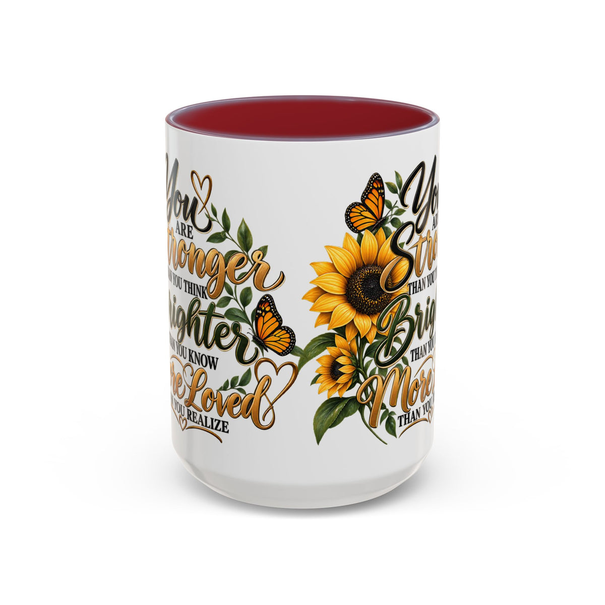 Inspirational Sunflower Coffee Mug — "You Are Stronger, Brighter, More Loved" Accent Mug