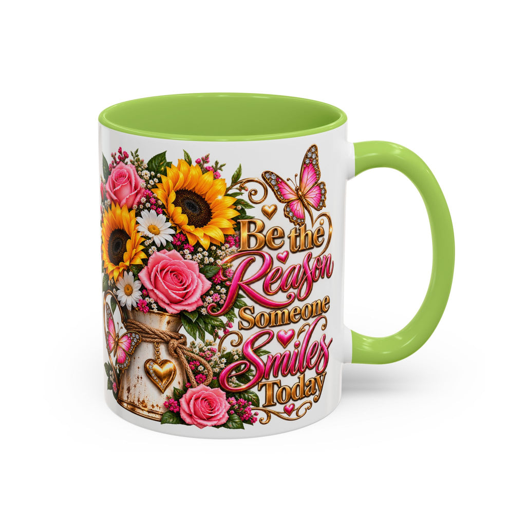 Be the Reason Someone Smiles Today Accent Coffee Mug – Floral Sunflower & Rose Inspirational 11/15oz