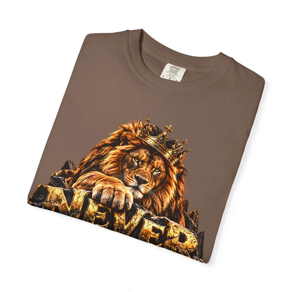 Lion Graphic T-Shirt — "Never Give Up: Great Things Take Time" Motivational Tee