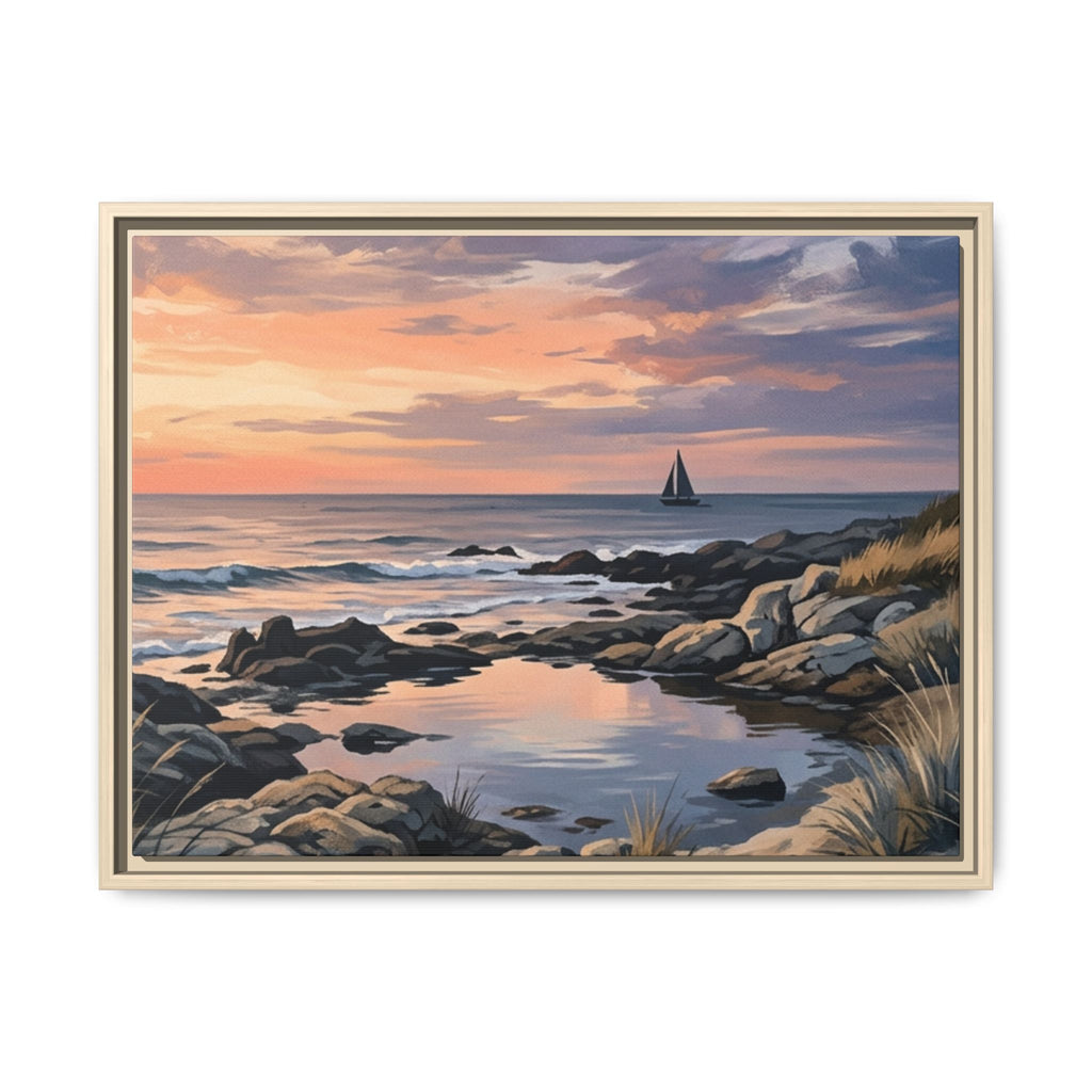 Framed Seaside Sunset Matte Canvas Print – Sailboat Coastal Wall Art
