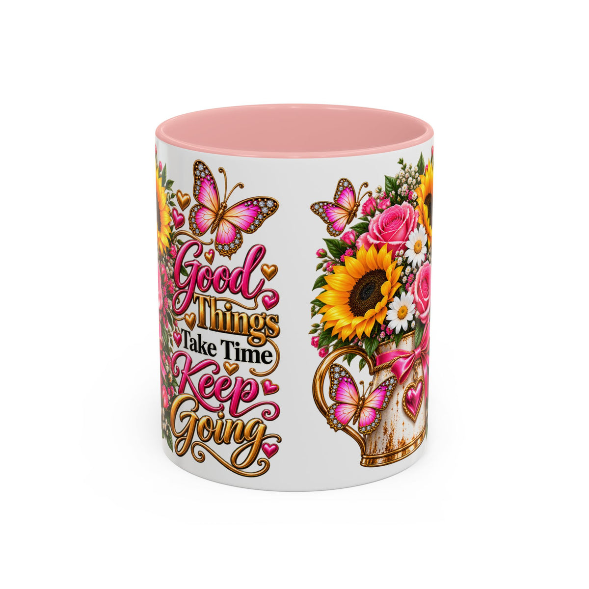 Inspiring Floral Coffee Mug — "Good Things Take Time, Keep Going"