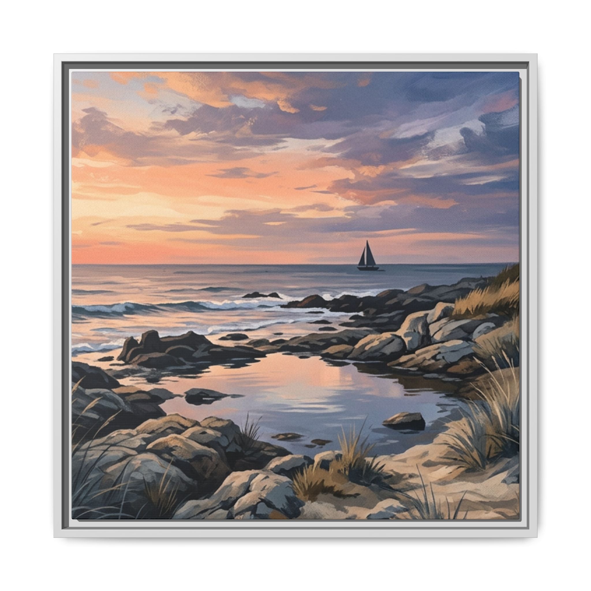 Framed Seaside Sunset Matte Canvas Print – Sailboat Coastal Wall Art