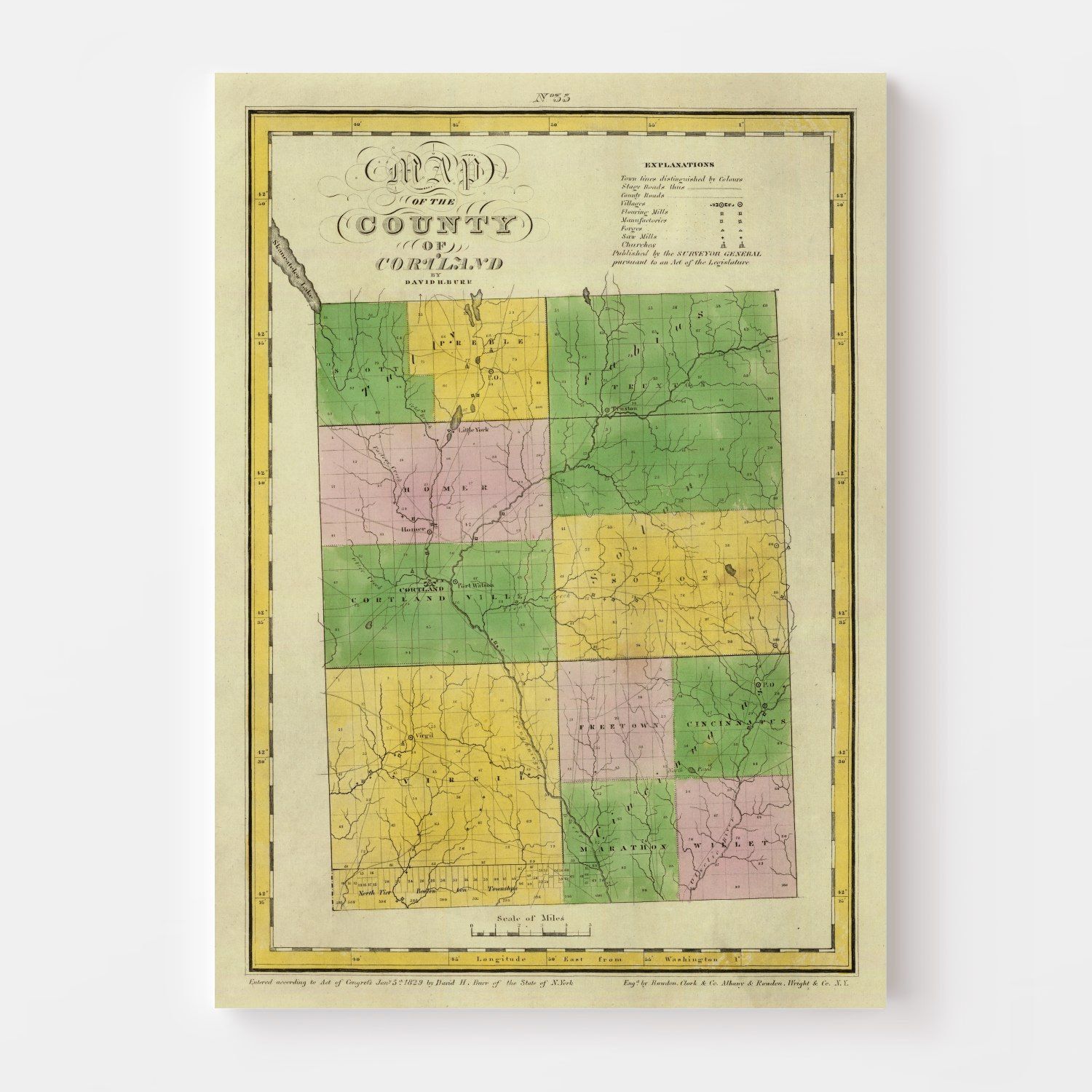 Vintage Map of Cortland County, New York 1829