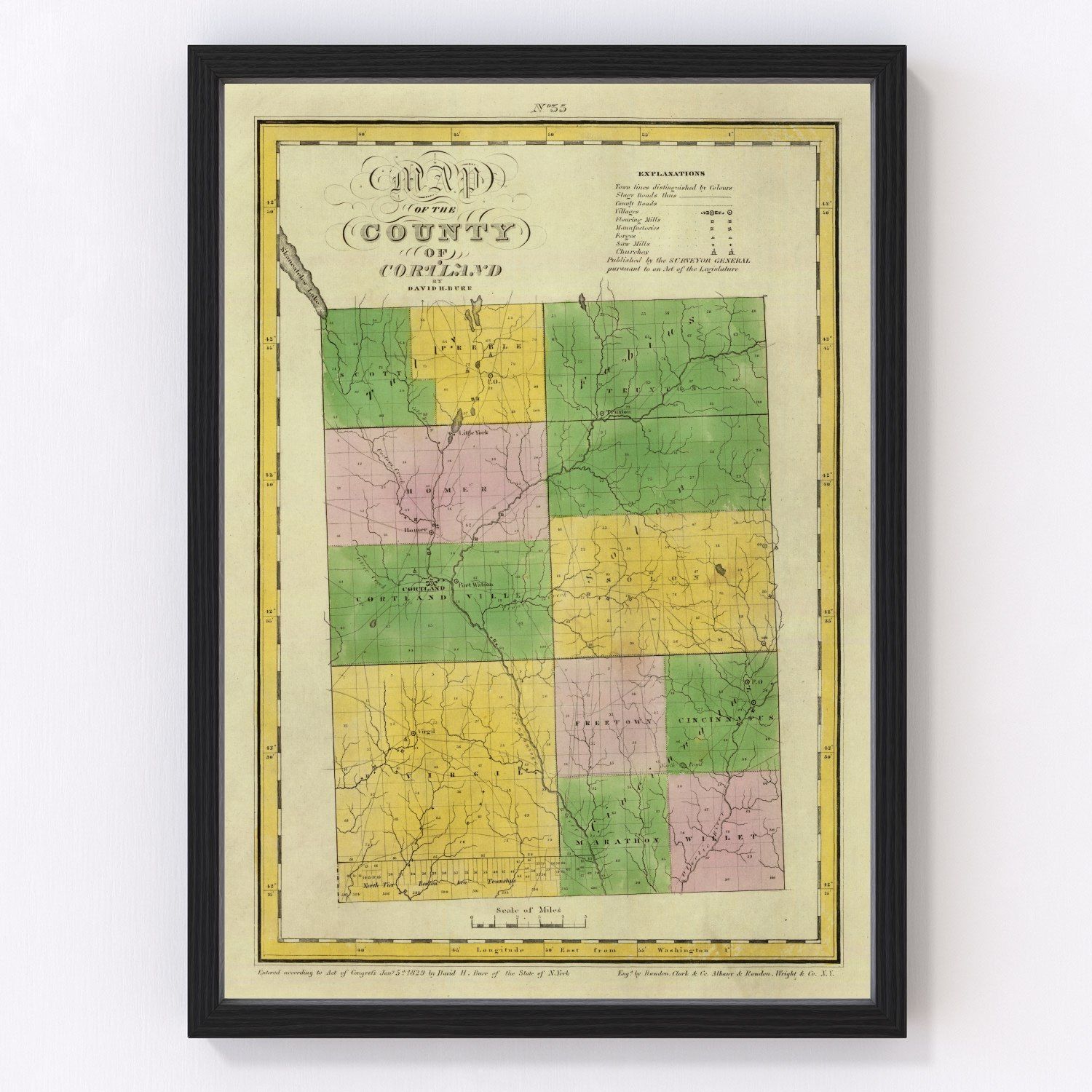 Vintage Map of Cortland County, New York 1829