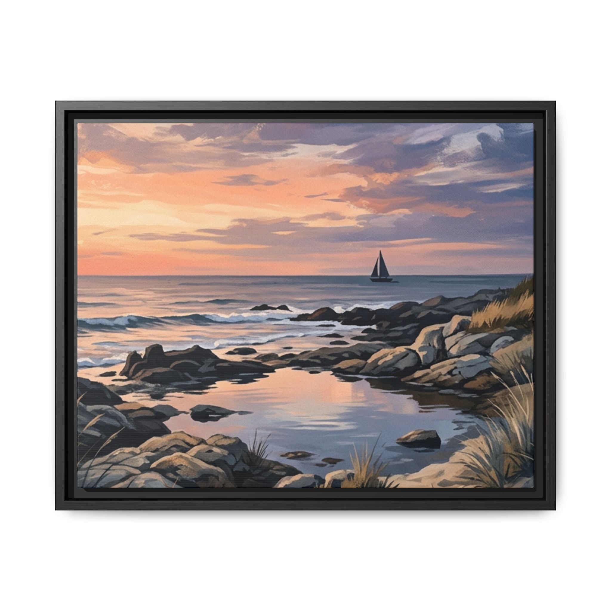 Framed Seaside Sunset Matte Canvas Print – Sailboat Coastal Wall Art