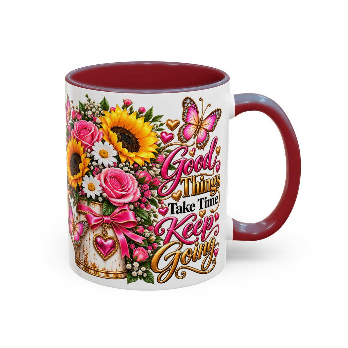 Inspiring Floral Coffee Mug — "Good Things Take Time, Keep Going"