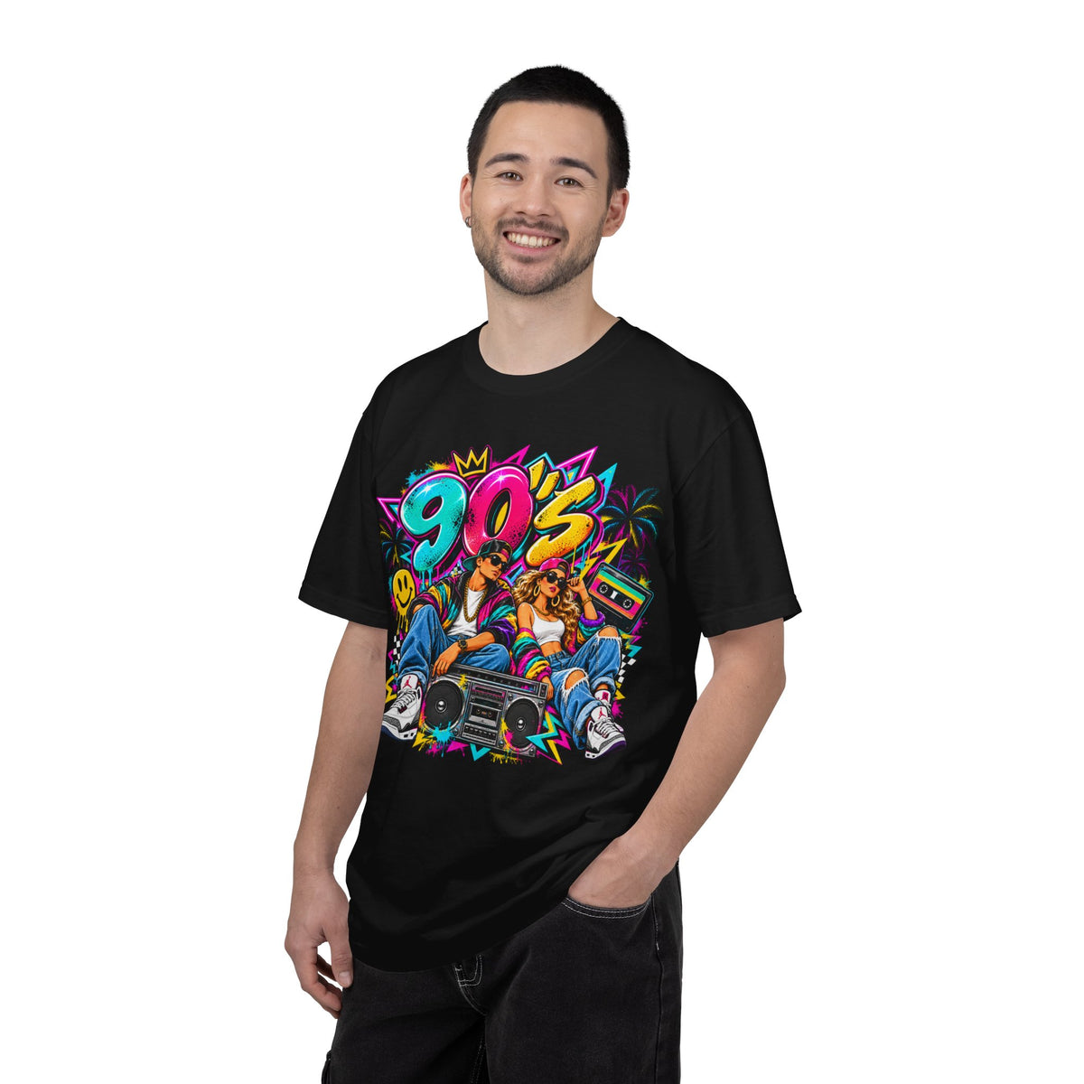 90s Retro Streetwear T-Shirt — Vintage Boombox & Neon Graffiti Design