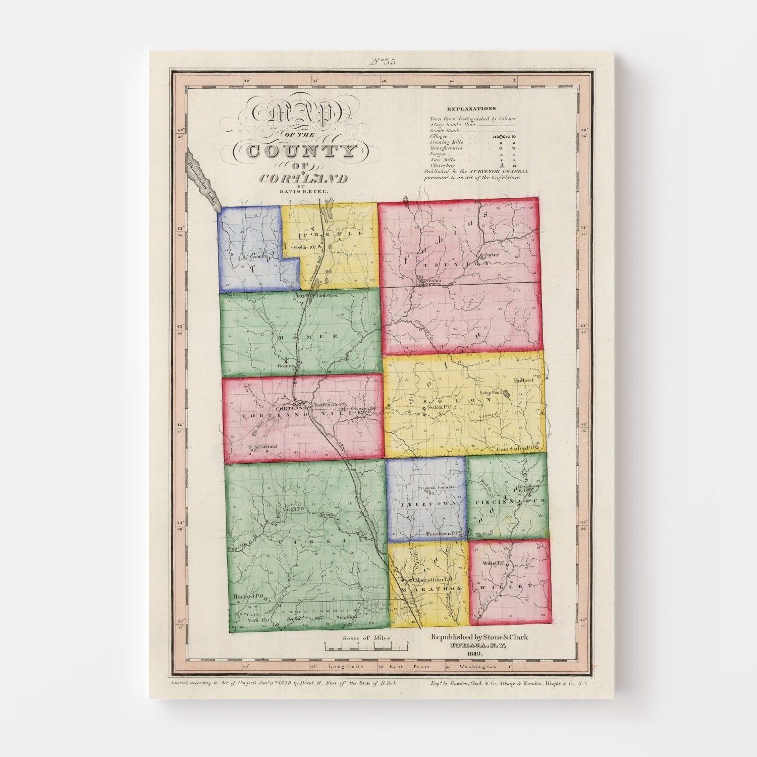 Vintage Map of Cortland County, New York 1840