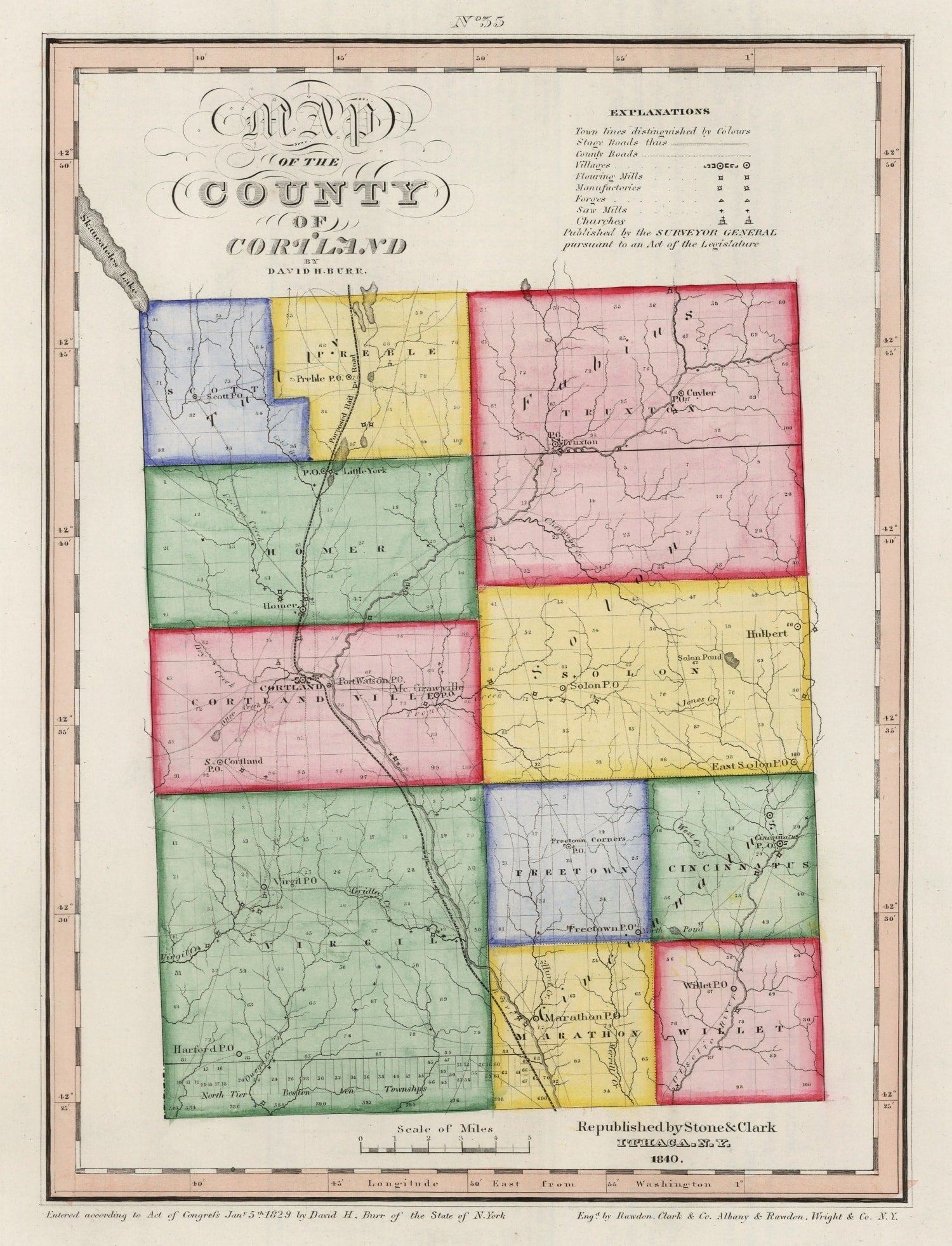 Vintage Map of Cortland County, New York 1840
