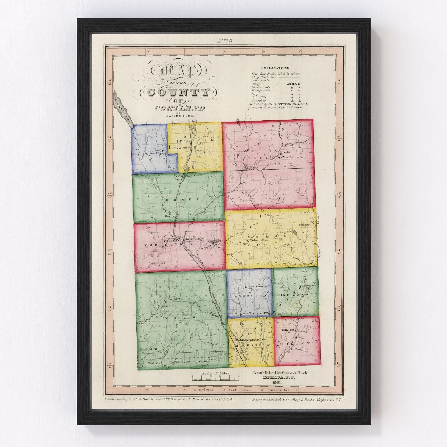 Vintage Map of Cortland County, New York 1840
