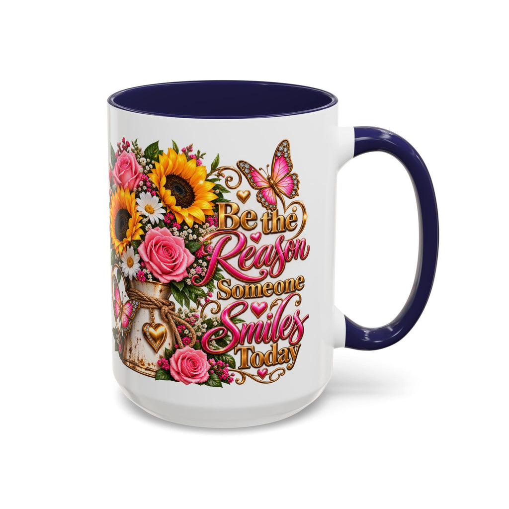 Be the Reason Someone Smiles Today Accent Coffee Mug – Floral Sunflower & Rose Inspirational 11/15oz