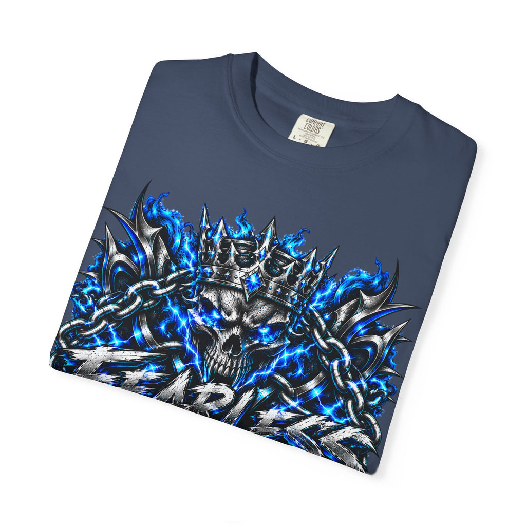 Skull Throne Graphic T-Shirt — Blue Lightning Heavy Metal Tee