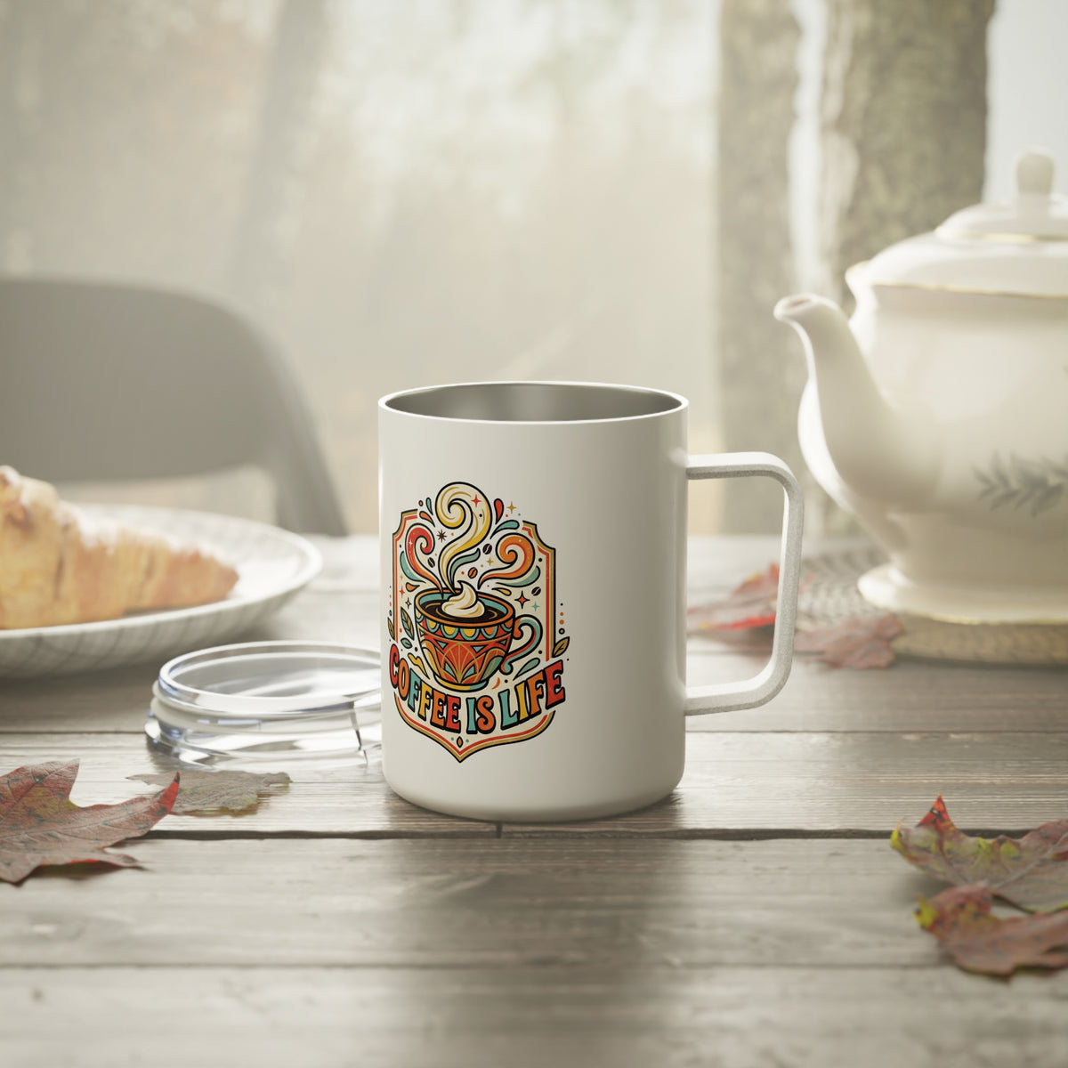 10oz Insulated Coffee Mug — Colorful "Coffee Is Life" Art Travel Tumbler