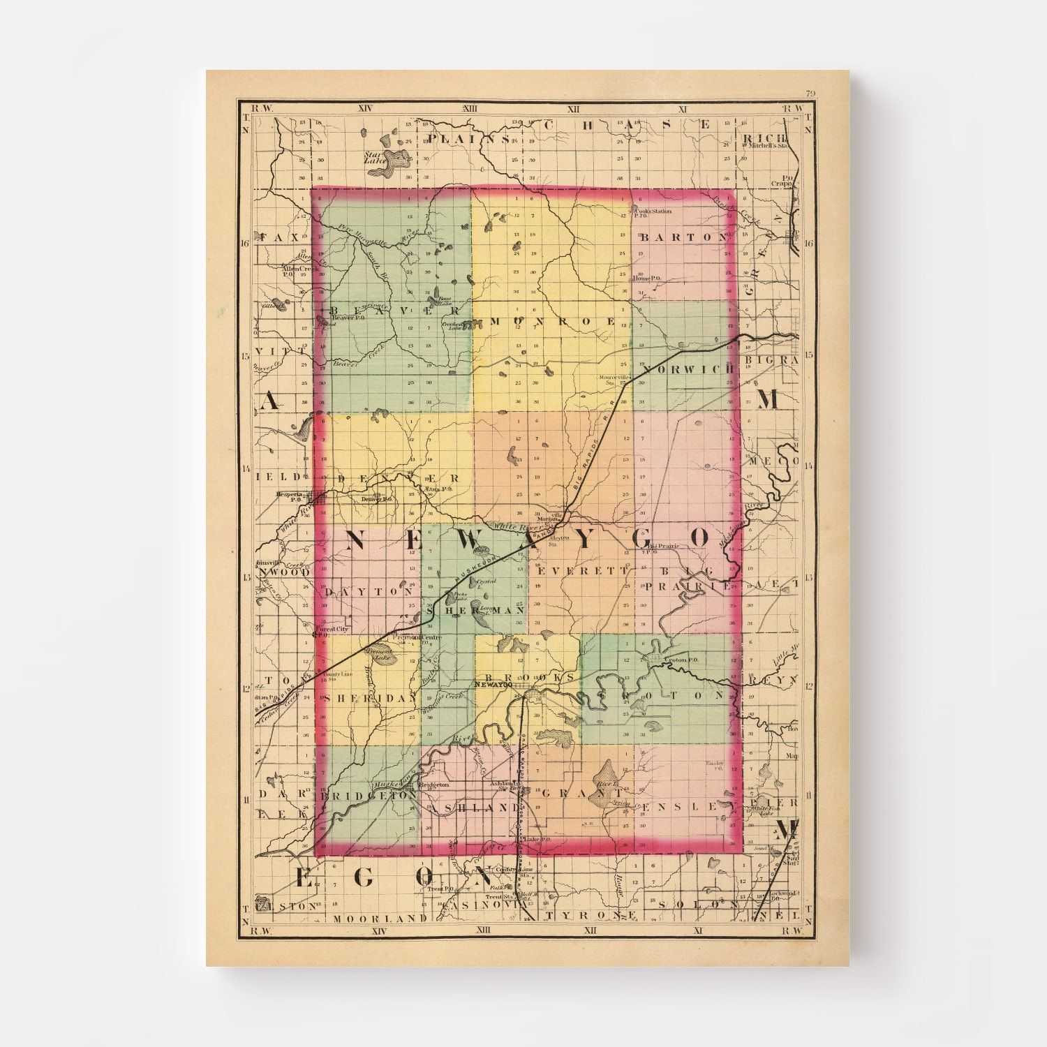 Vintage Map of Newaygo County, Michigan 1873