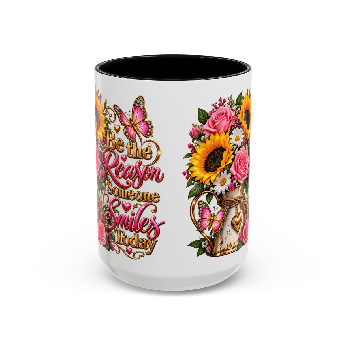 Be the Reason Someone Smiles Today Accent Coffee Mug – Floral Sunflower & Rose Inspirational 11/15oz