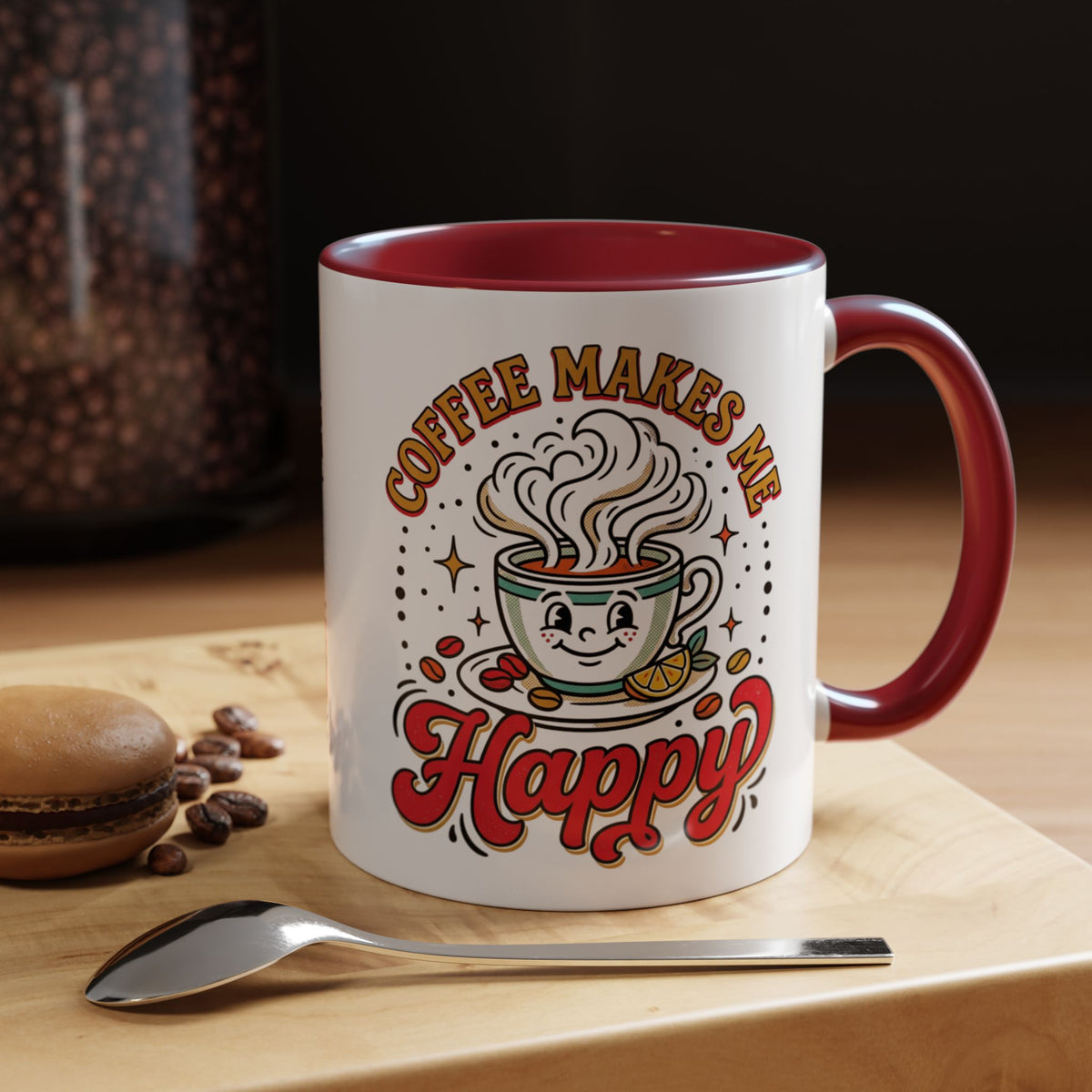 Coffee Mug — "Coffee Makes Me Happy" Cute Retro Accent Mug (11/15oz)