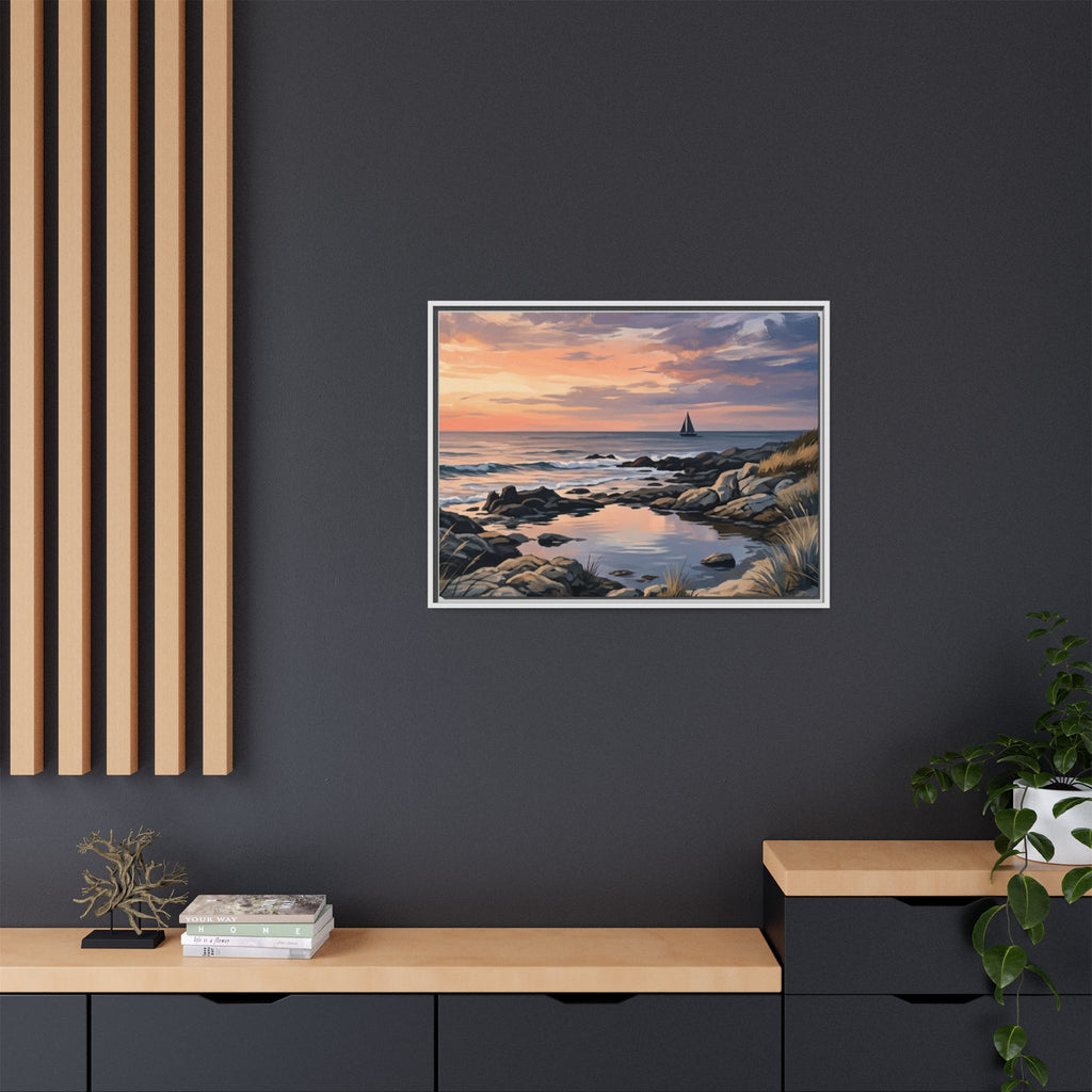 Framed Seaside Sunset Matte Canvas Print – Sailboat Coastal Wall Art