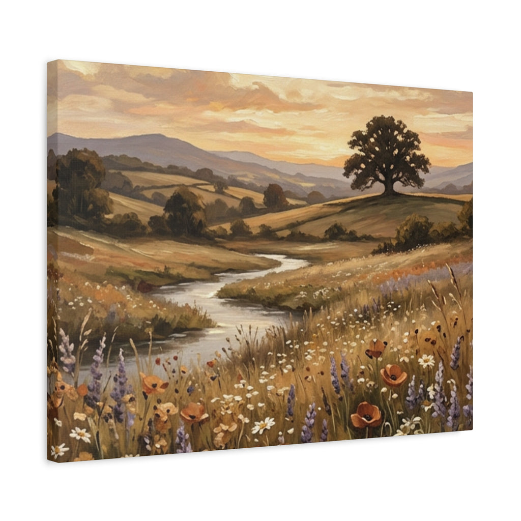 Golden Meadow River Canvas Wall Art — Stretched Matte Print