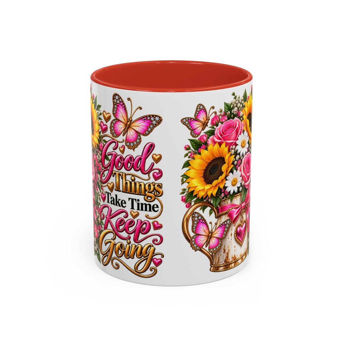 Inspiring Floral Coffee Mug — "Good Things Take Time, Keep Going"