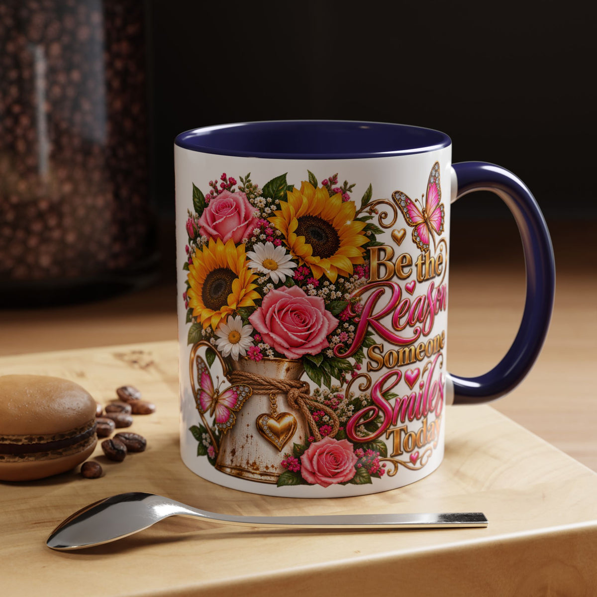 Be the Reason Someone Smiles Today Accent Coffee Mug – Floral Sunflower & Rose Inspirational 11/15oz