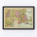Vintage Map of Massachusetts & Rhode Island 1909