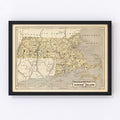 Vintage Map of Massachusetts & Rhode Island 1842