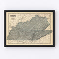 Vintage Map of Kentucky & Tennessee 1842