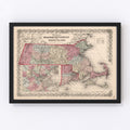 Vintage Map of Massachusetts & Rhode Island 1861