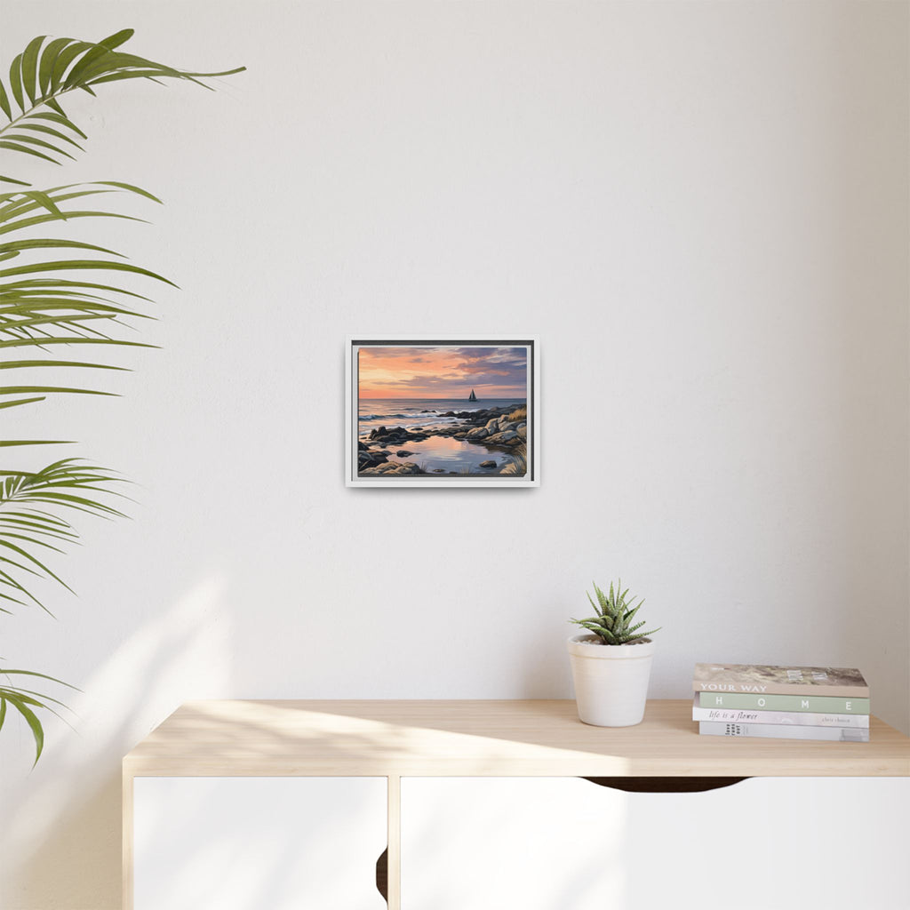 Framed Seaside Sunset Matte Canvas Print – Sailboat Coastal Wall Art