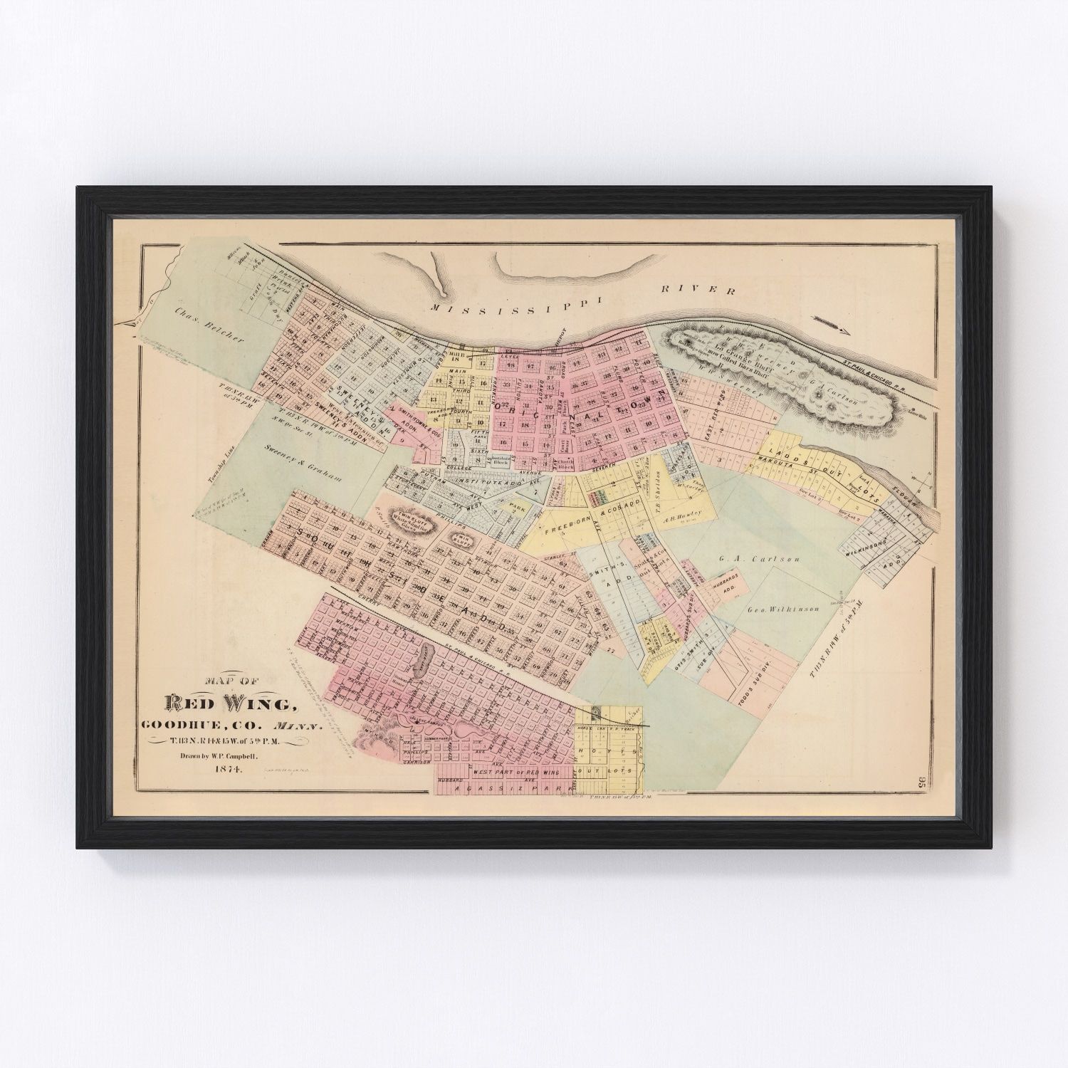 Vintage Map of Red Wing, Minnesota 1874