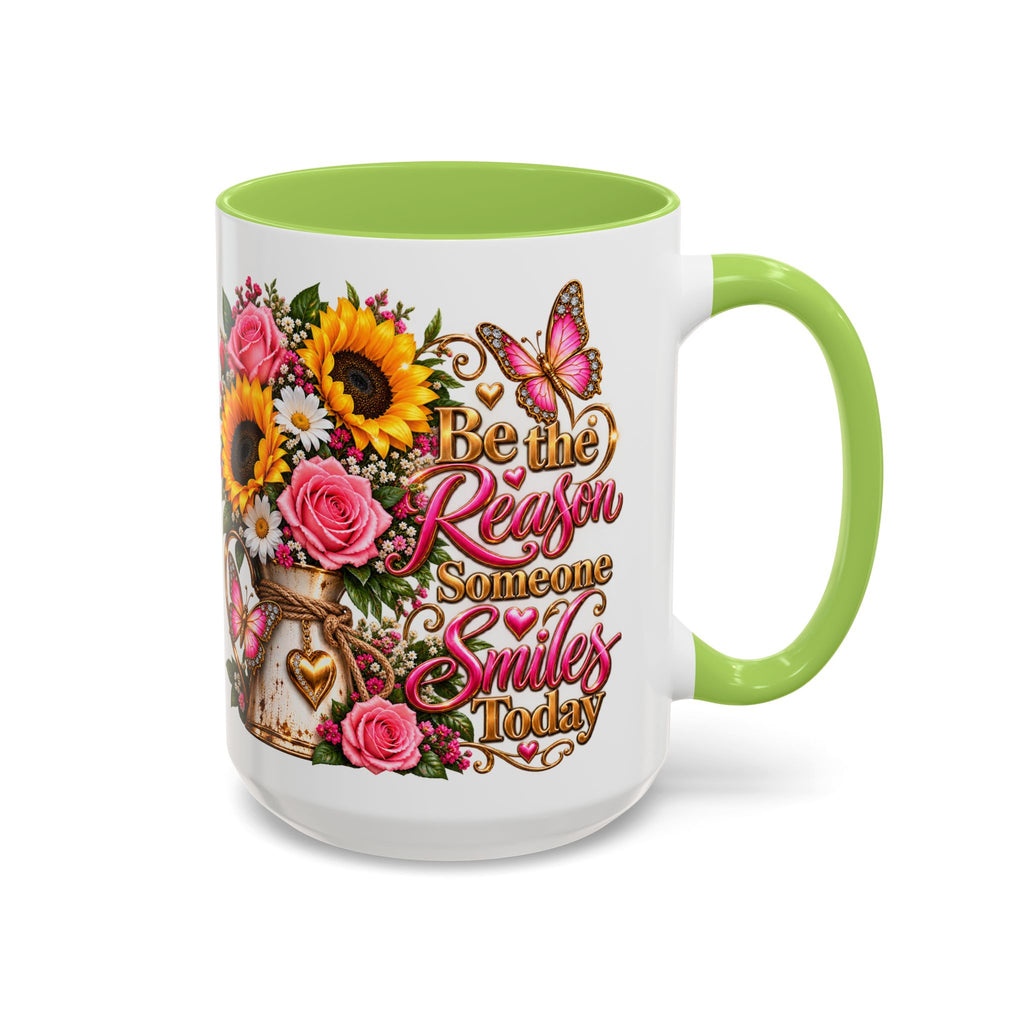 Be the Reason Someone Smiles Today Accent Coffee Mug – Floral Sunflower & Rose Inspirational 11/15oz