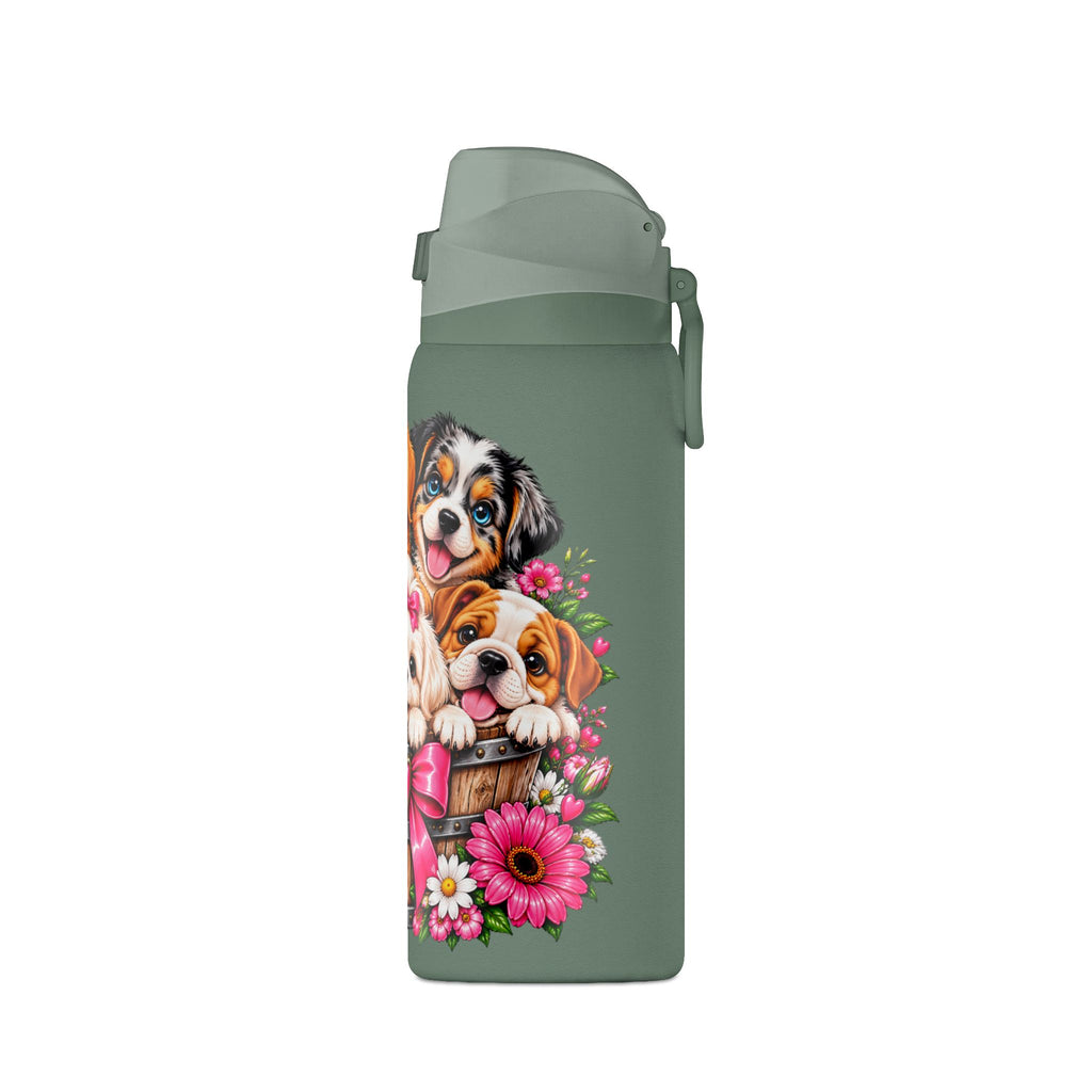 32oz Insulated Water Bottle with Adorable Dogs and Flowers
