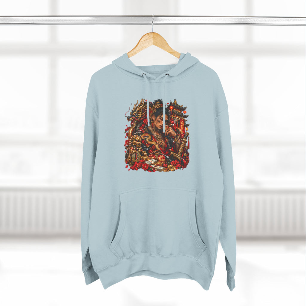 Dragon Battle Hoodie — Three-Panel Fleece Hooded Sweatshirt with Fiery Fantasy Artwork