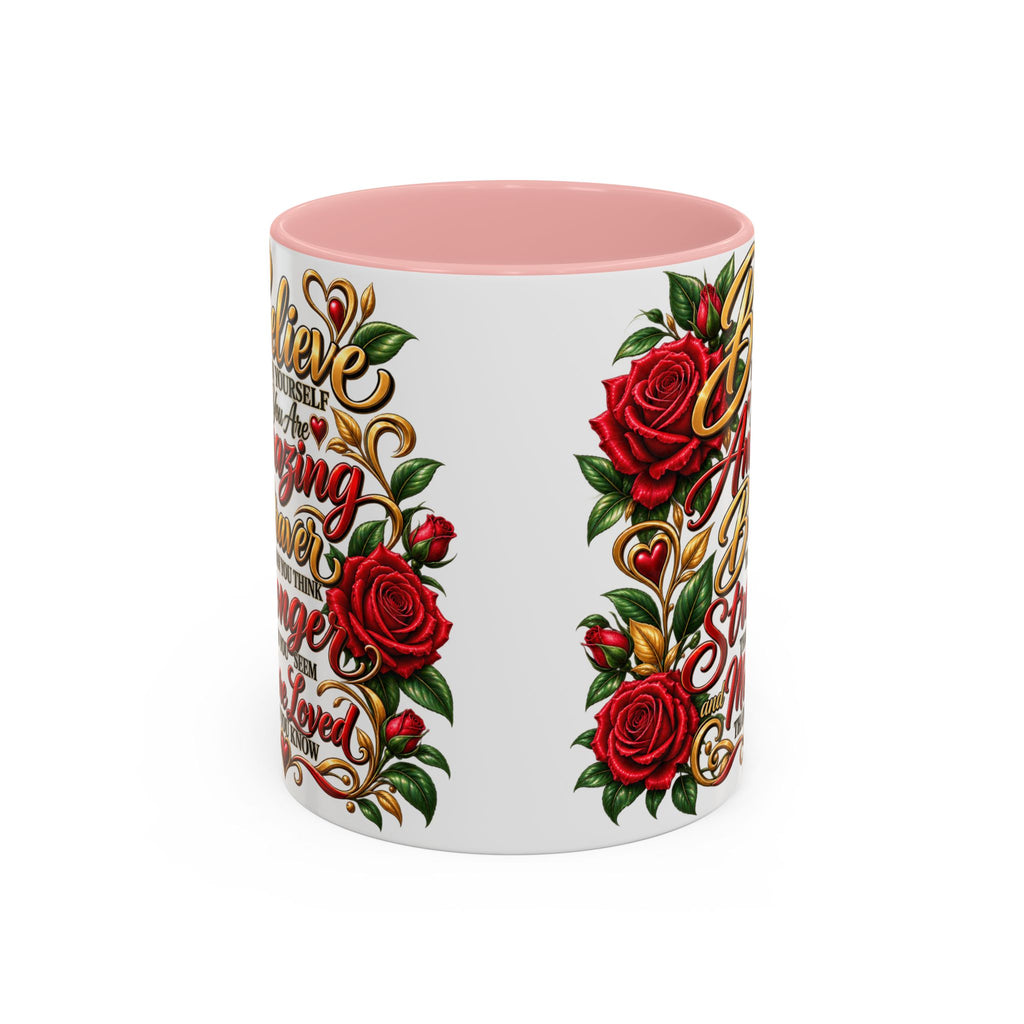Inspirational Rose Coffee Mug — "Believe in Yourself" Motivational Tea Cup