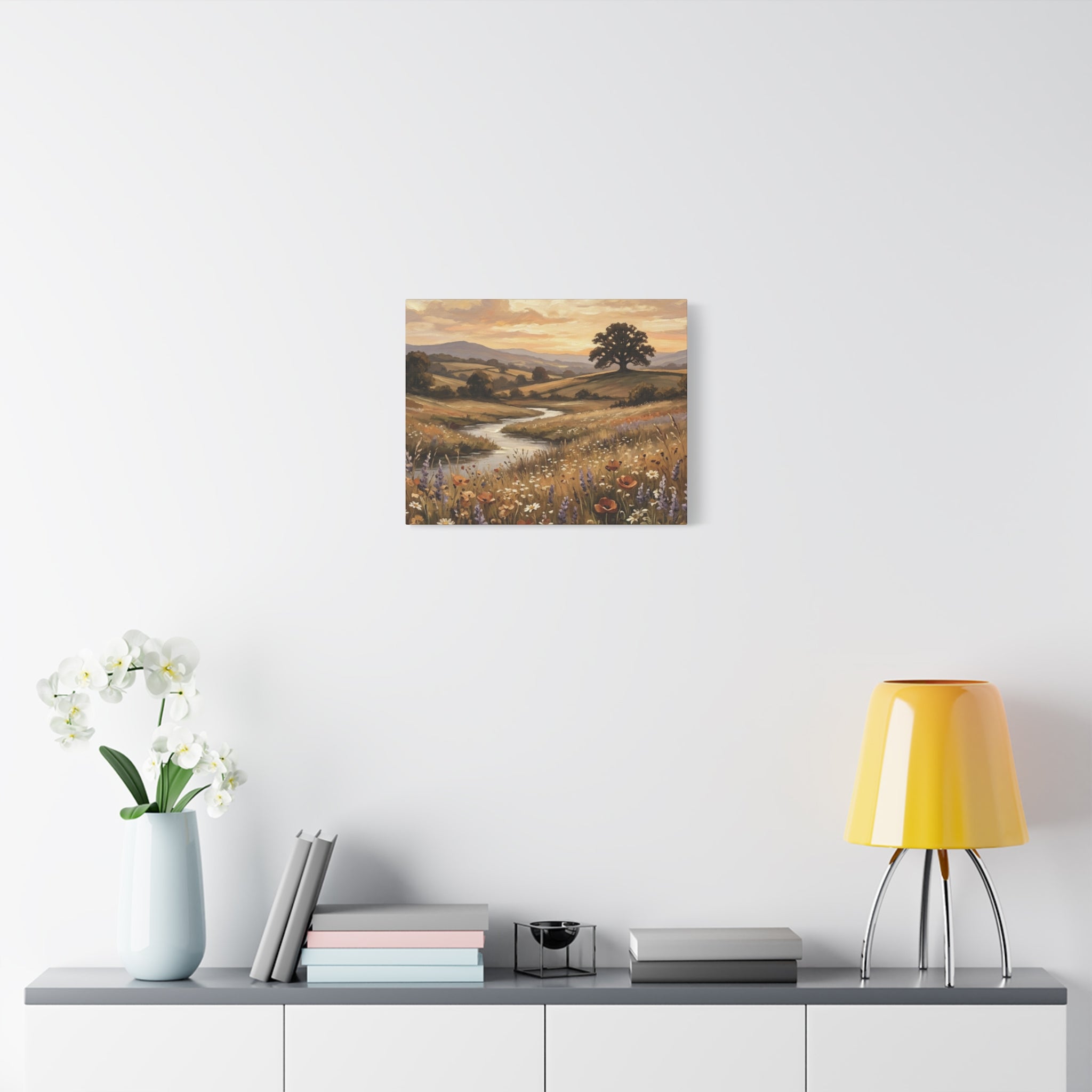 Golden Meadow River Canvas Wall Art — Stretched Matte Print
