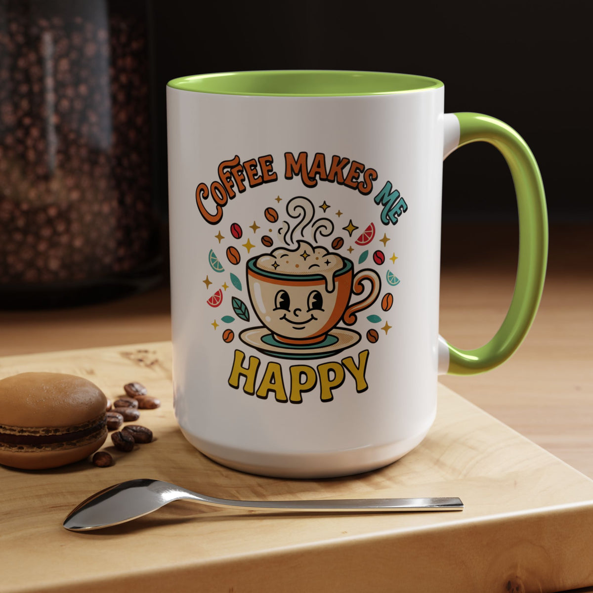 Coffee Mug — "Coffee Makes Me Happy" Cute Retro Accent Mug (11/15oz)
