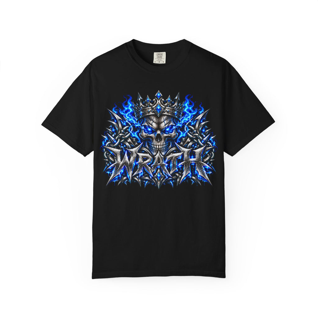 Wrath Skull Crown T‑Shirt — Blue Flame Gothic Graphic Tee