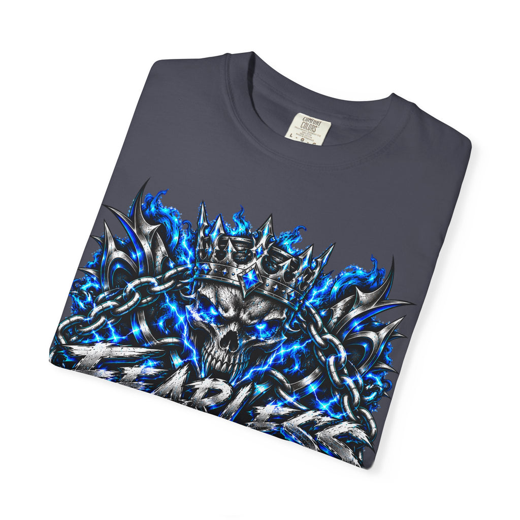 Skull Throne Graphic T-Shirt — Blue Lightning Heavy Metal Tee