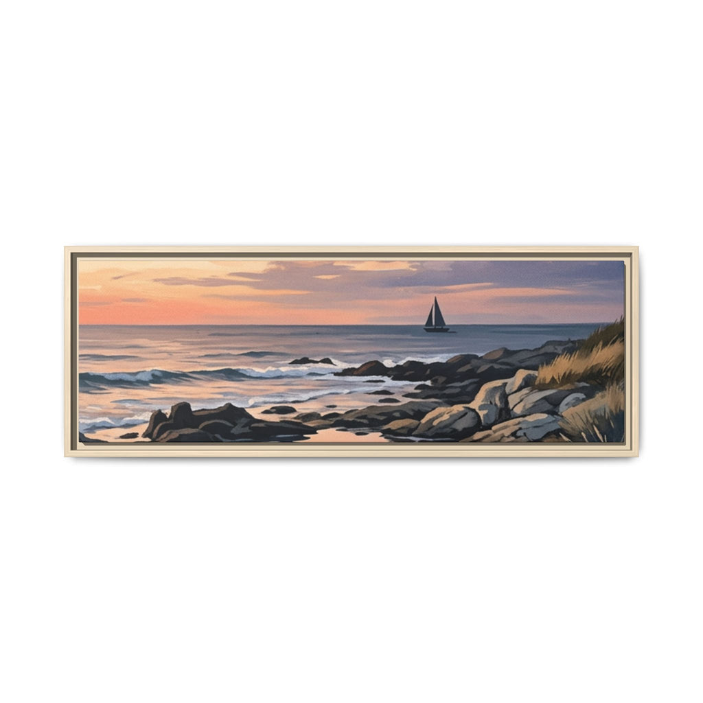 Framed Seaside Sunset Matte Canvas Print – Sailboat Coastal Wall Art