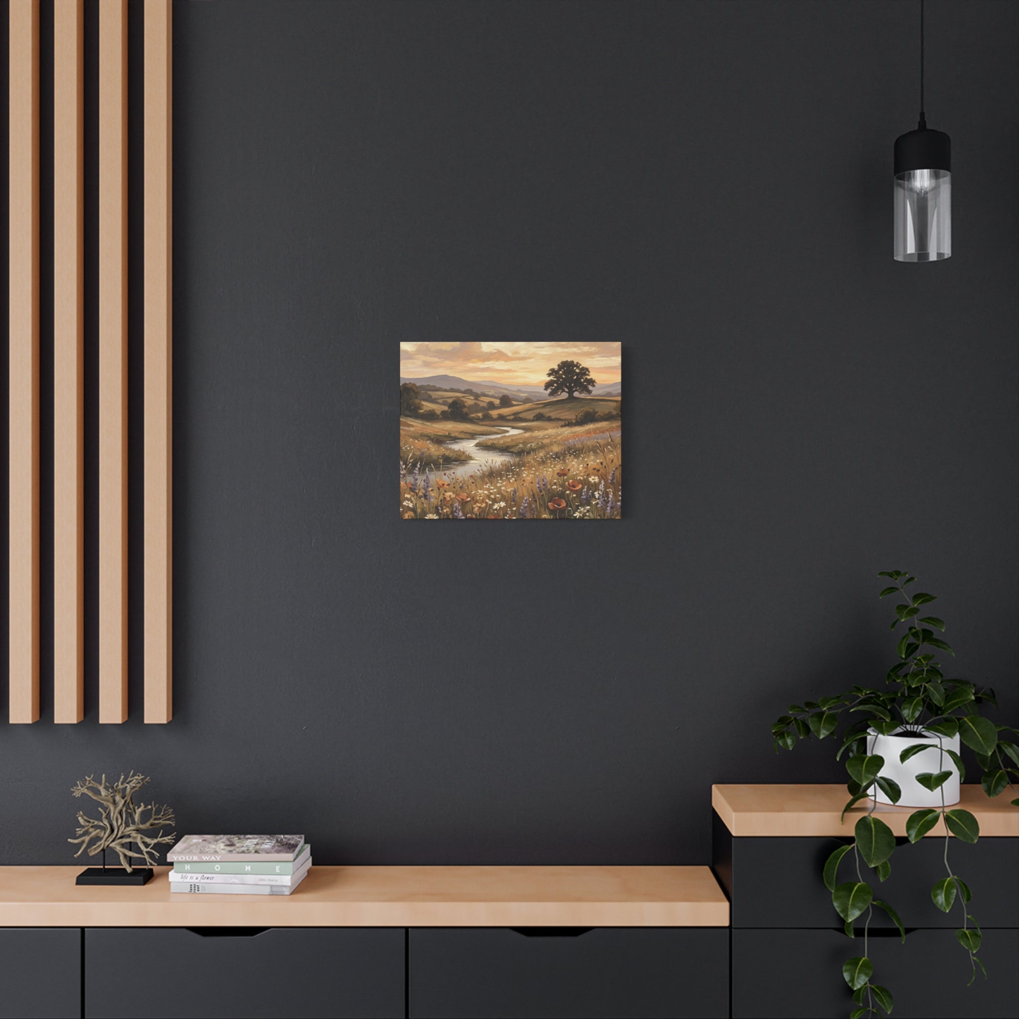 Golden Meadow River Canvas Wall Art — Stretched Matte Print