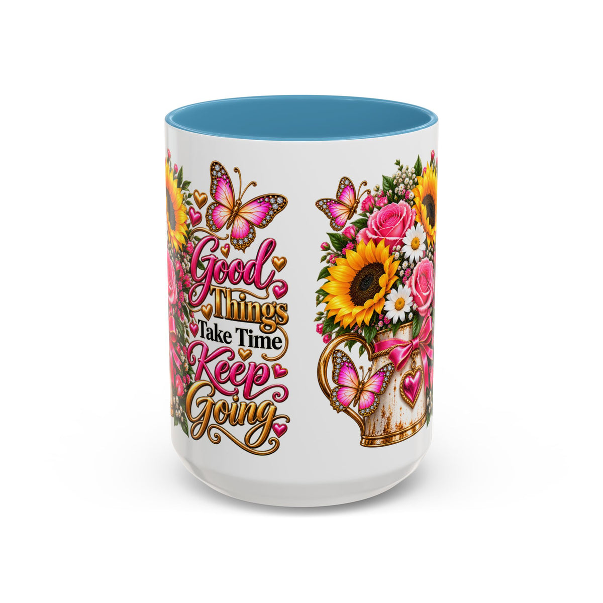 Inspiring Floral Coffee Mug — "Good Things Take Time, Keep Going"