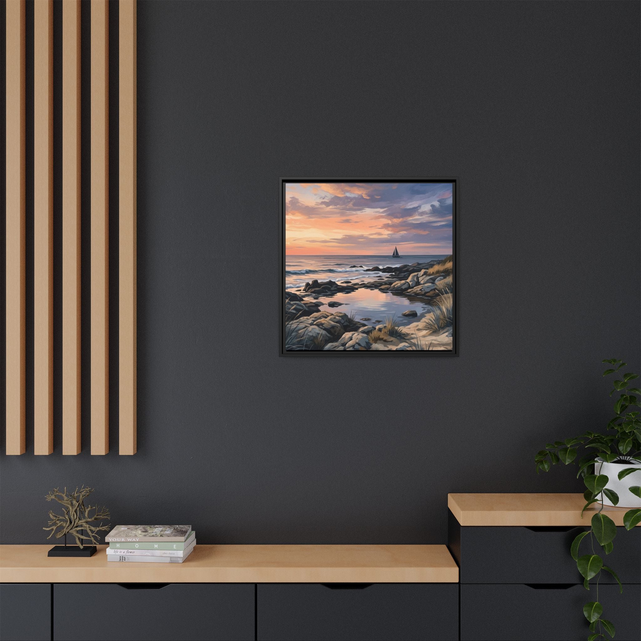Framed Seaside Sunset Matte Canvas Print – Sailboat Coastal Wall Art