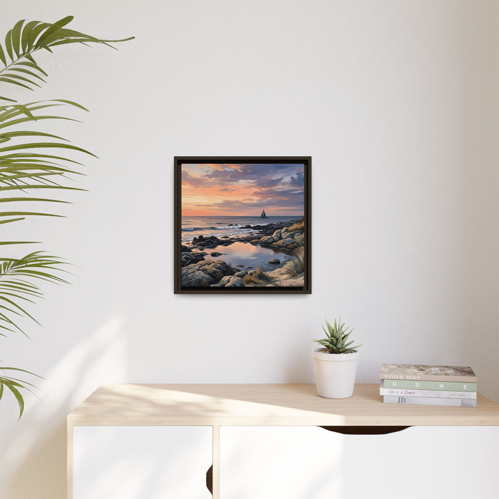 Framed Seaside Sunset Matte Canvas Print – Sailboat Coastal Wall Art