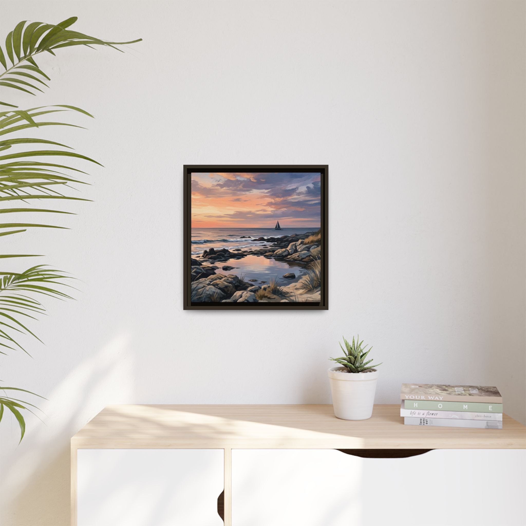 Framed Seaside Sunset Matte Canvas Print – Sailboat Coastal Wall Art