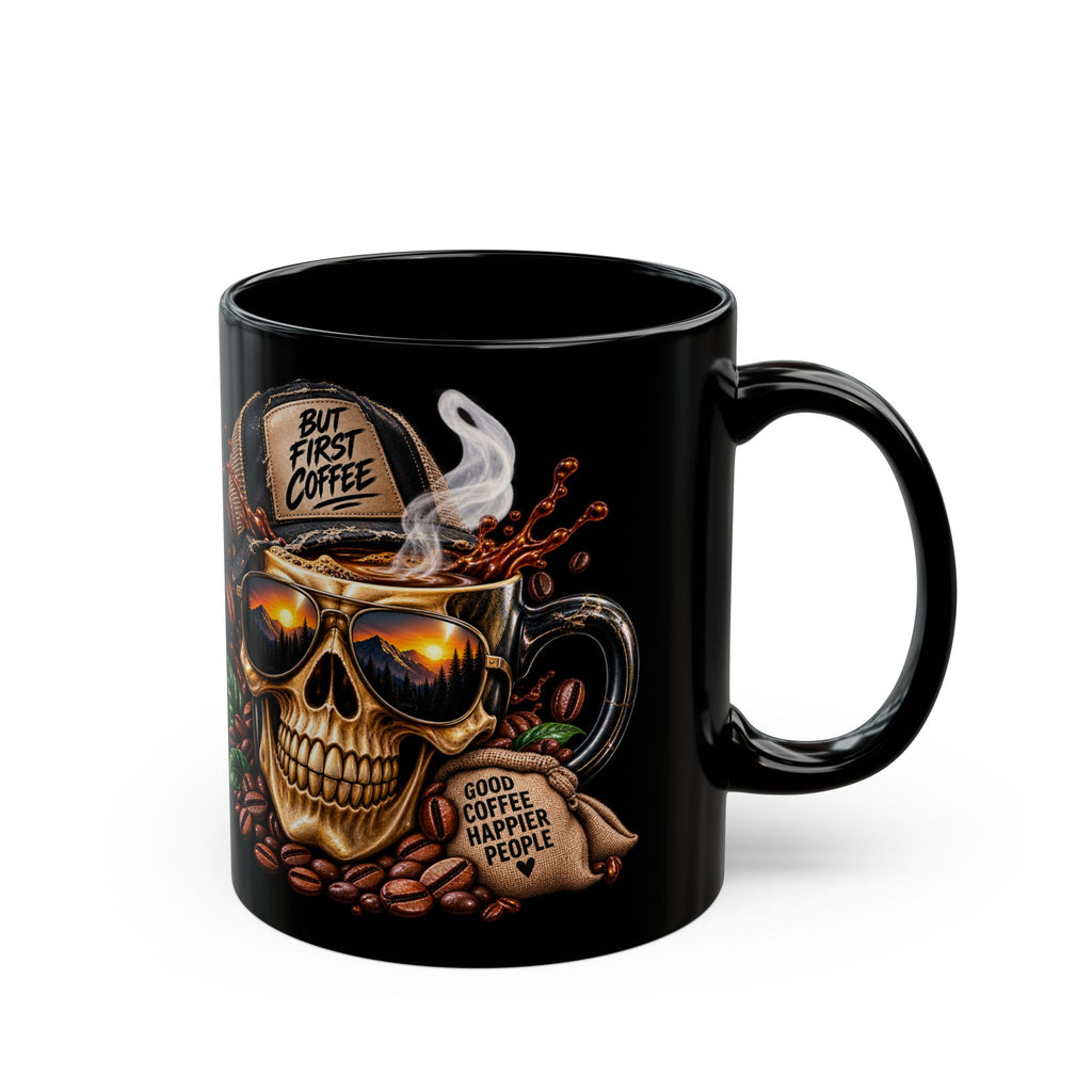 Skull Coffee Mug — "But First Coffee" Black Ceramic Mug (11oz/15oz)