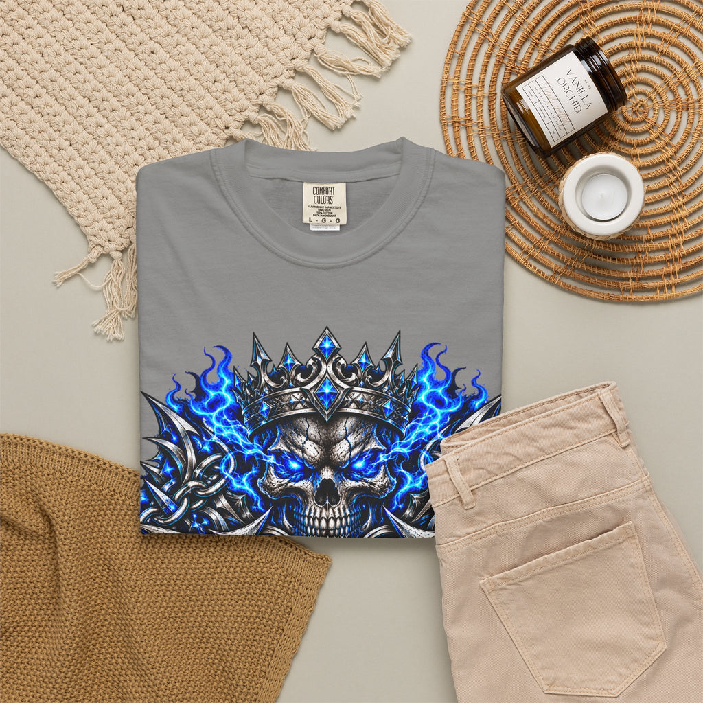 Wrath Skull Crown T‑Shirt — Blue Flame Gothic Graphic Tee