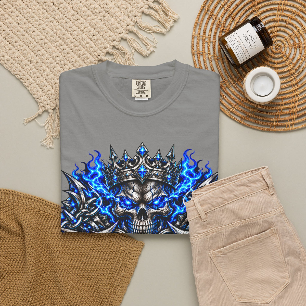 Wrath Skull Crown T‑Shirt — Blue Flame Gothic Graphic Tee